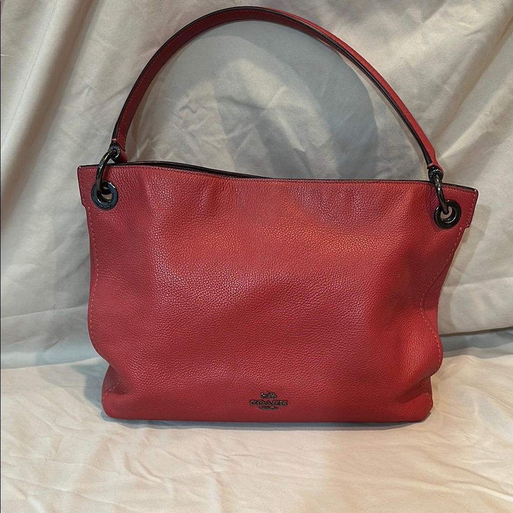 Coach Red Hobo Shoulder Bag with Leather Material and Dark Metal Hardware